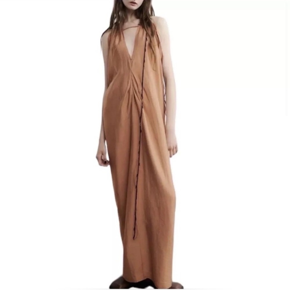 NWT • ZARA • STUNNING Lightweight Billowy Maxi Dress with Black Beaded Trim - Picture 11 of 14